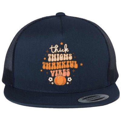 Thick Thighs Thankful Vibes Retro Wavy Flowers Pumpkin Fall Gift Flat Bill Trucker Hat