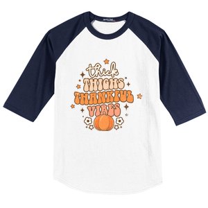 Thick Thighs Thankful Vibes Retro Wavy Flowers Pumpkin Fall Gift Baseball Sleeve Shirt