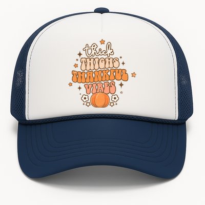 Thick Thighs Thankful Vibes Retro Wavy Flowers Pumpkin Fall Gift Trucker Hat