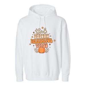 Thick Thighs Thankful Vibes Retro Wavy Flowers Pumpkin Fall Gift Garment-Dyed Fleece Hoodie