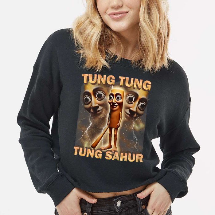 Tung Tung Tung Sahur Funny Meme Brainrot Humor Gen Z Cropped Pullover Crew