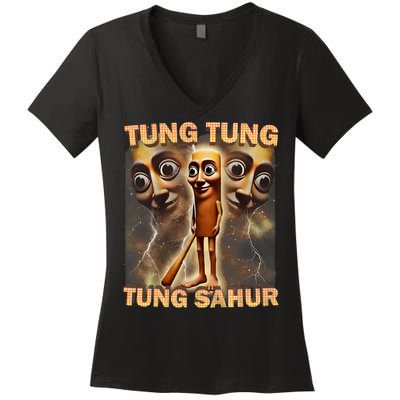 Tung Tung Tung Sahur Funny Meme Brainrot Humor Gen Z Women's V-Neck T-Shirt