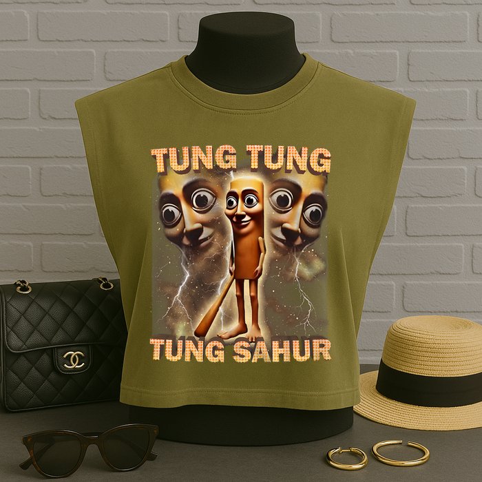 Tung Tung Tung Sahur Funny Meme Brainrot Humor Gen Z Garment-Dyed Women's Muscle Tee