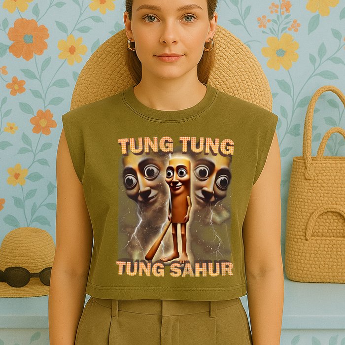 Tung Tung Tung Sahur Funny Meme Brainrot Humor Gen Z Garment-Dyed Women's Muscle Tee