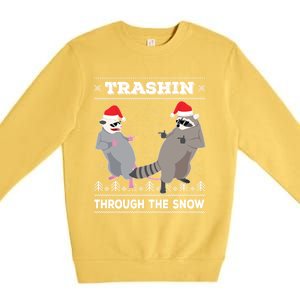 Trashin Through The Snow Garbage Gang Opossum Raccoon Santa Cute Gift Premium Crewneck Sweatshirt