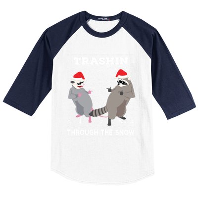 Trashin Through The Snow Garbage Gang Opossum Raccoon Santa Cute Gift Baseball Sleeve Shirt