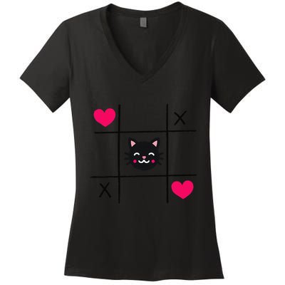Tic Toe Tac Cat Cute Feline Kitten Tabby Love Valentines Day Women's V-Neck T-Shirt