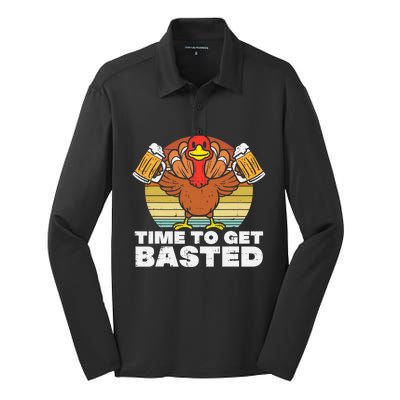 Turkey Time To Get Basted Retro Happy Thanksgiving Cute Gift Silk Touch Performance Long Sleeve Polo