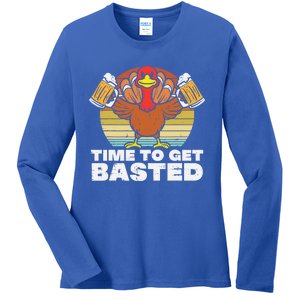 Turkey Time To Get Basted Retro Happy Thanksgiving Cute Gift Ladies Long Sleeve Shirt