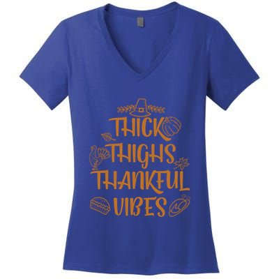 Thick Thighs Thankful Vibes Thanksgiving Turkey Trot Workout Gift Women's V-Neck T-Shirt