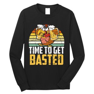 Turkey Time To Get Basted Retro Happy Thanksgiving Long Sleeve Shirt