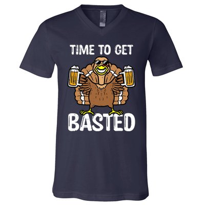 Turkey Time To Get Basted Retro Happy Thanksgiving V-Neck T-Shirt