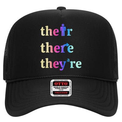 There Their They're English Grammar Funny Teacher High Crown Mesh Back Trucker Hat