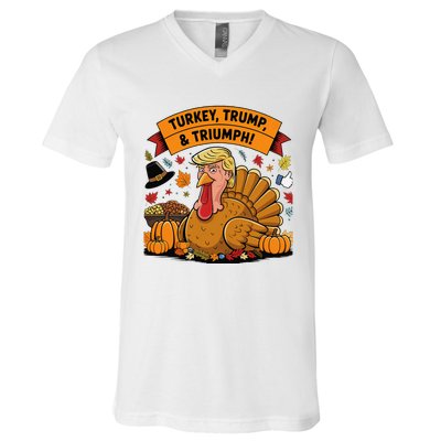 Turkey Trump & Triumph Thanksgiving 2024 Election V-Neck T-Shirt