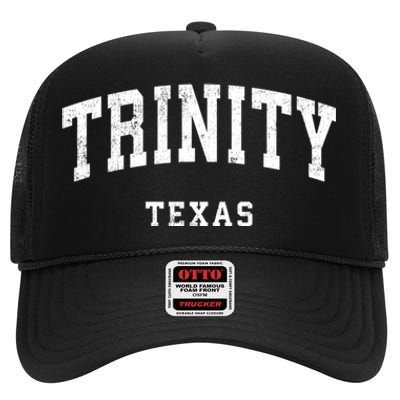 Trinity Texas Tx Vintage Athletic Sports Design High Crown Mesh Back Trucker Hat