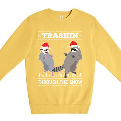 Trashin Through The Snow Garbage Gang Opossum Raccoon Santa Gift Premium Crewneck Sweatshirt