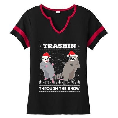 Trashin Through The Snow Garbage Gang Opossum Raccoon Santa Gift Ladies Halftime Notch Neck Tee