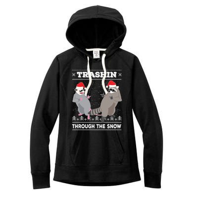 Trashin Through The Snow Garbage Gang Opossum Raccoon Santa Gift Women's Fleece Hoodie