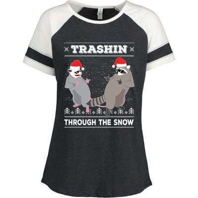 Trashin Through The Snow Garbage Gang Opossum Raccoon Santa Gift Enza Ladies Jersey Colorblock Tee