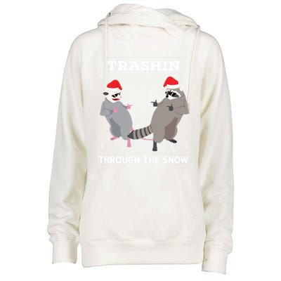 Trashin Through The Snow Garbage Gang Opossum Raccoon Santa Gift Womens Funnel Neck Pullover Hood