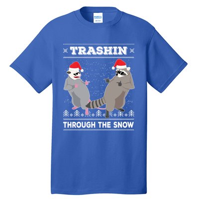 Trashin Through The Snow Garbage Gang Opossum Raccoon Santa Gift Tall T-Shirt