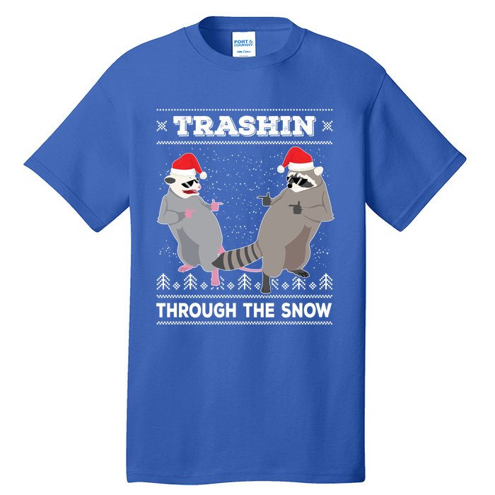 Trashin Through The Snow Garbage Gang Opossum Raccoon Santa Gift Tall T-Shirt