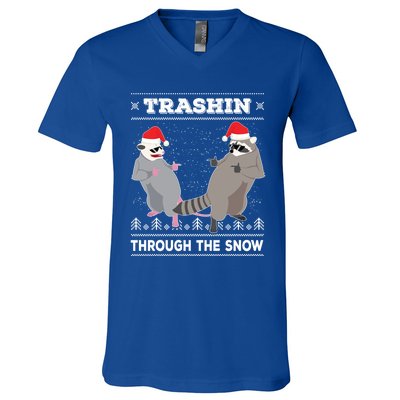 Trashin Through The Snow Garbage Gang Opossum Raccoon Santa Gift V-Neck T-Shirt