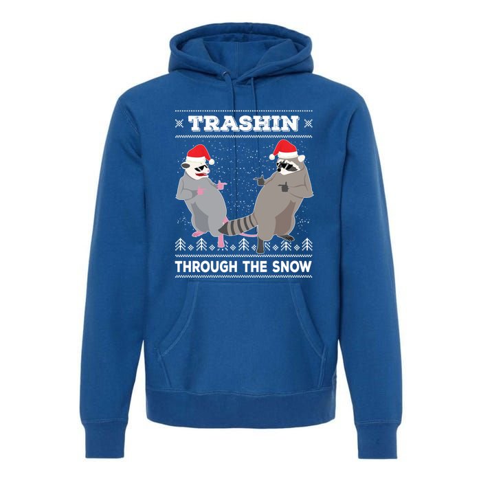 Trashin Through The Snow Garbage Gang Opossum Raccoon Santa Gift Premium Hoodie