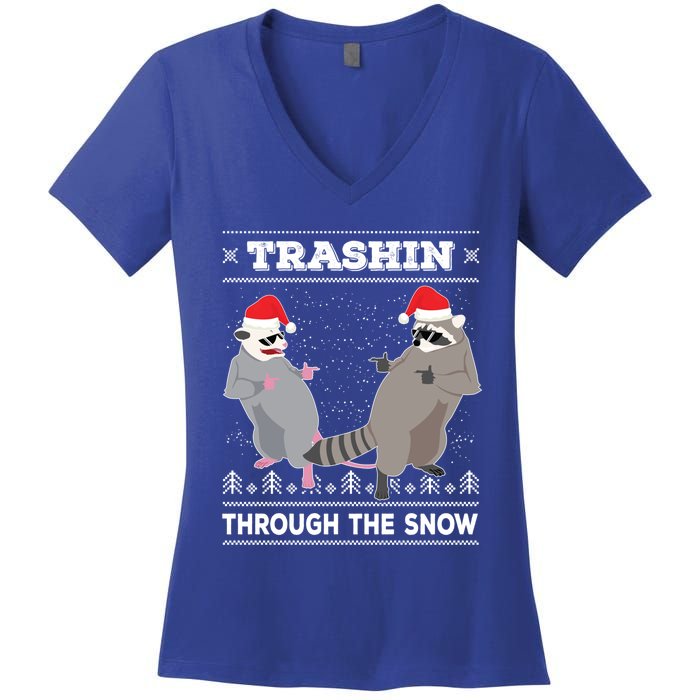 Trashin Through The Snow Garbage Gang Opossum Raccoon Santa Gift Women's V-Neck T-Shirt