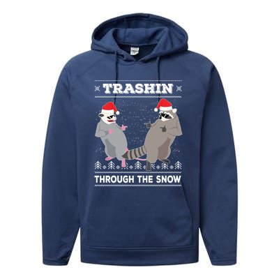 Trashin Through The Snow Garbage Gang Opossum Raccoon Santa Gift Performance Fleece Hoodie