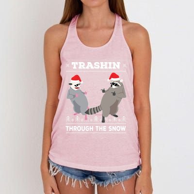 Trashin Through The Snow Garbage Gang Opossum Raccoon Santa Gift Women's Knotted Racerback Tank