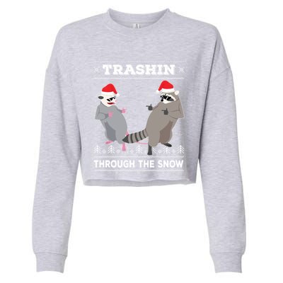 Trashin Through The Snow Garbage Gang Opossum Raccoon Santa Gift Cropped Pullover Crew