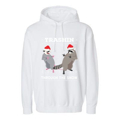 Trashin Through The Snow Garbage Gang Opossum Raccoon Santa Gift Garment-Dyed Fleece Hoodie