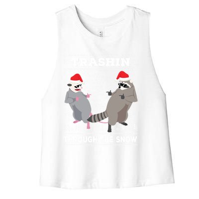 Trashin Through The Snow Garbage Gang Opossum Raccoon Santa Gift Women's Racerback Cropped Tank