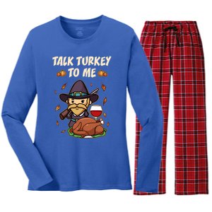 Talk Turkey To Me Funny Thanksgiving Holiday Family Dinner Gift Women's Long Sleeve Flannel Pajama Set 