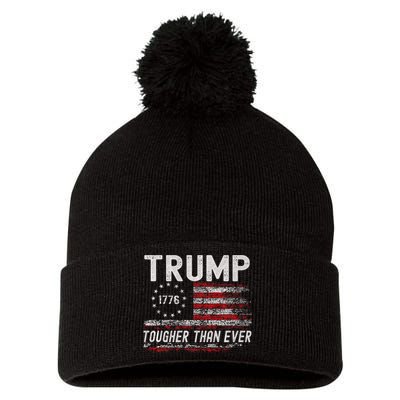 Trump Tougher Than Ever President Donald Trump Us Flag Pom Pom 12in Knit Beanie