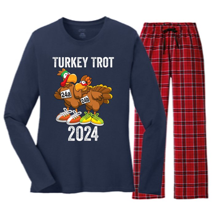 Thanksgiving Turkey Trot Squad 2024 Trot Race Couple Funny Women's Long Sleeve Flannel Pajama Set 