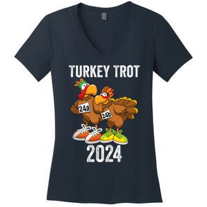 Thanksgiving Turkey Trot Squad 2024 Trot Race Couple Funny Women's V-Neck T-Shirt