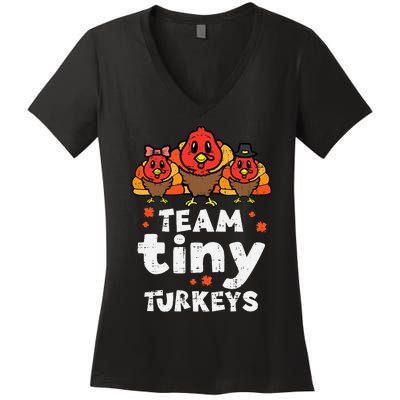 Team Tiny Turkeys Cute Thanksgiving Day Nicu Nurse Teacher Women's V-Neck T-Shirt