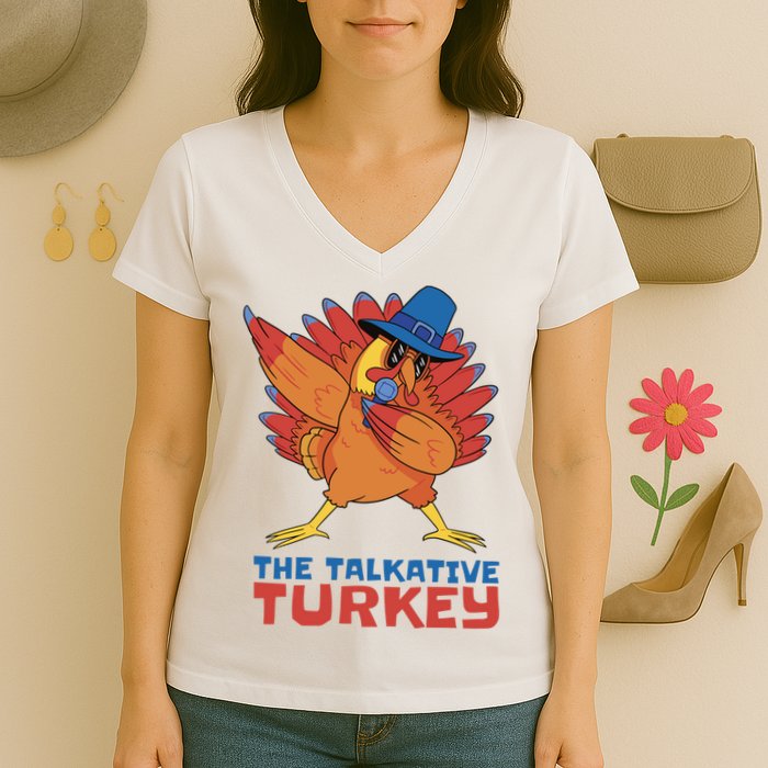 The Talkative Turkey Funny Thanksgiving Women's V-Neck T-Shirt