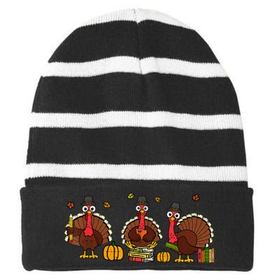 Thankful Teacher Turkey Thanksgiving Shirts Striped Beanie with Solid Band