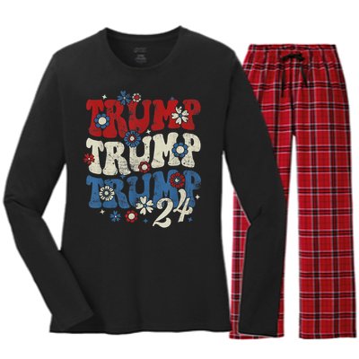 Trump Trump Trump 2024 Retro Groovy Women's Long Sleeve Flannel Pajama Set 