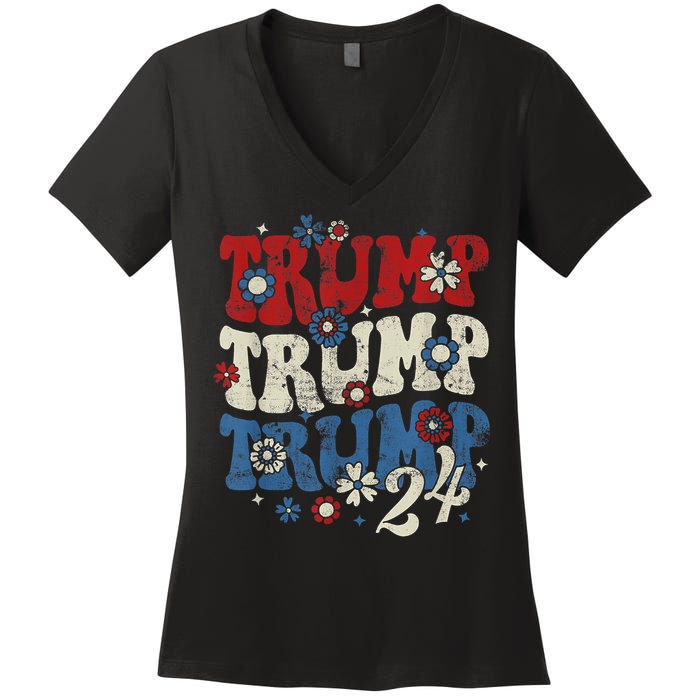 Trump Trump Trump 2024 Retro Groovy Women's V-Neck T-Shirt