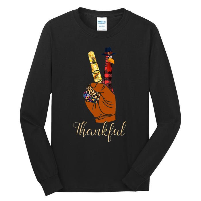 Thankful Thanksgiving Turkey Peace Hand Sign Tall Long Sleeve T-Shirt