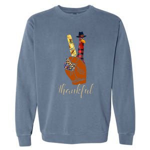 Thankful Thanksgiving Turkey Peace Hand Sign Garment-Dyed Sweatshirt