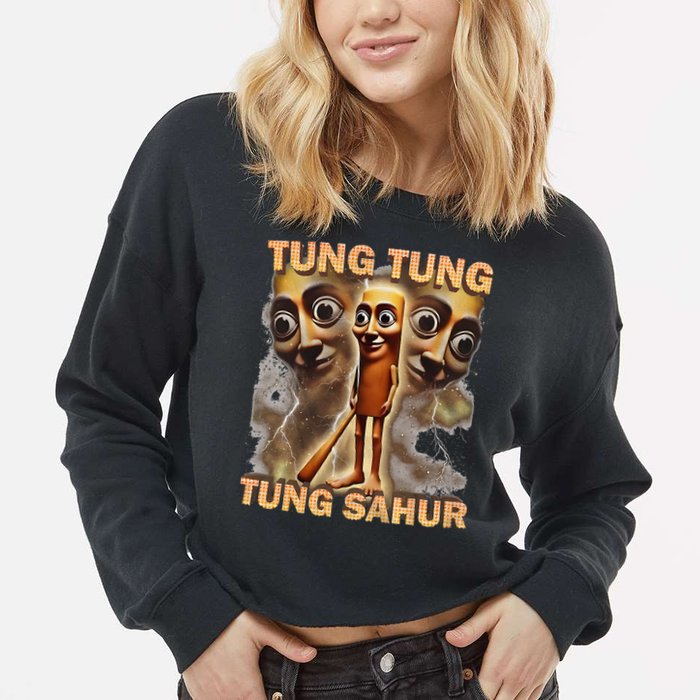 Tung Tung Tung Sahur Funny Meme Brainrot Humor Gen Z Cropped Pullover Crew