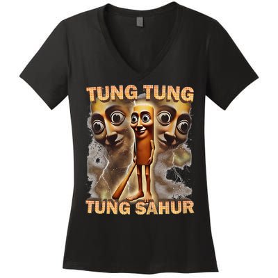 Tung Tung Tung Sahur Funny Meme Brainrot Humor Gen Z Women's V-Neck T-Shirt