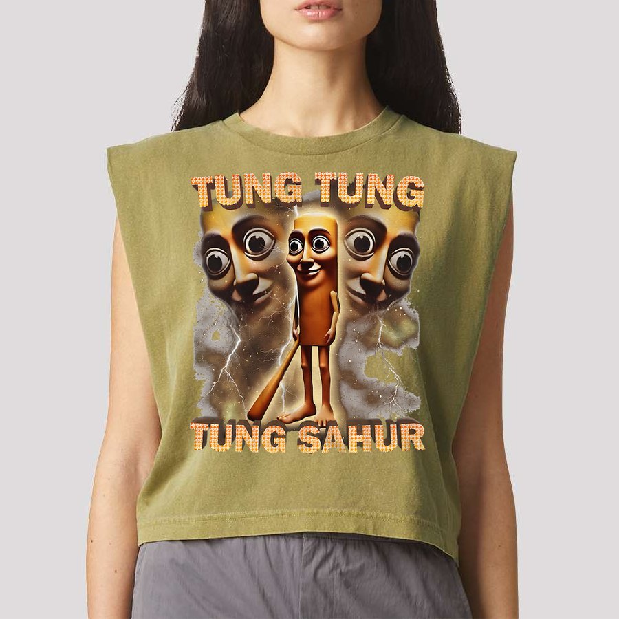 Tung Tung Tung Sahur Funny Meme Brainrot Humor Gen Z Garment-Dyed Women's Muscle Tee