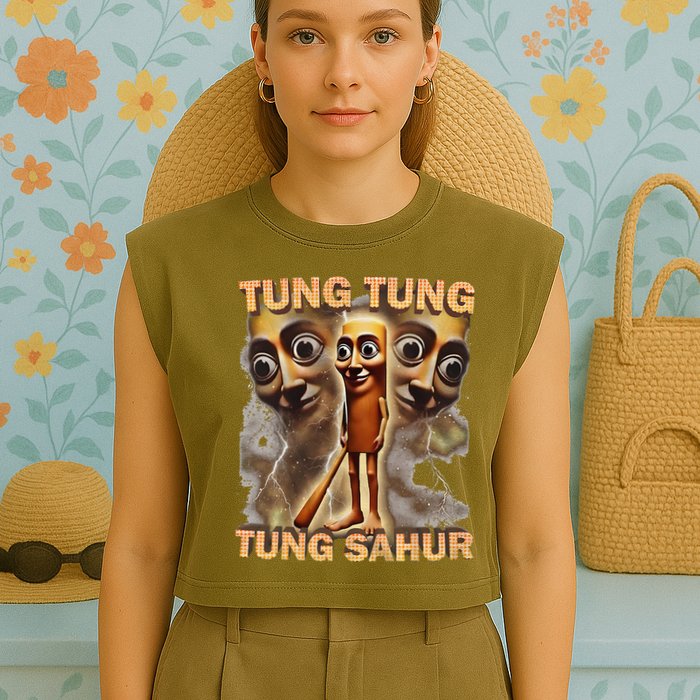 Tung Tung Tung Sahur Funny Meme Brainrot Humor Gen Z Garment-Dyed Women's Muscle Tee