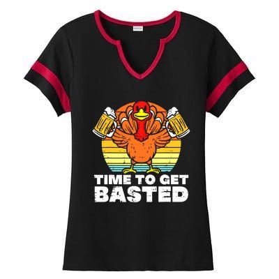 Turkey Time To Get Basted Retro Happy Thanksgiving Ladies Halftime Notch Neck Tee